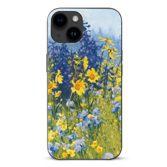 iPhone 15 case with floral art. Shockproof phone cover with yellow and blue flowers, available at MyArtsyGift