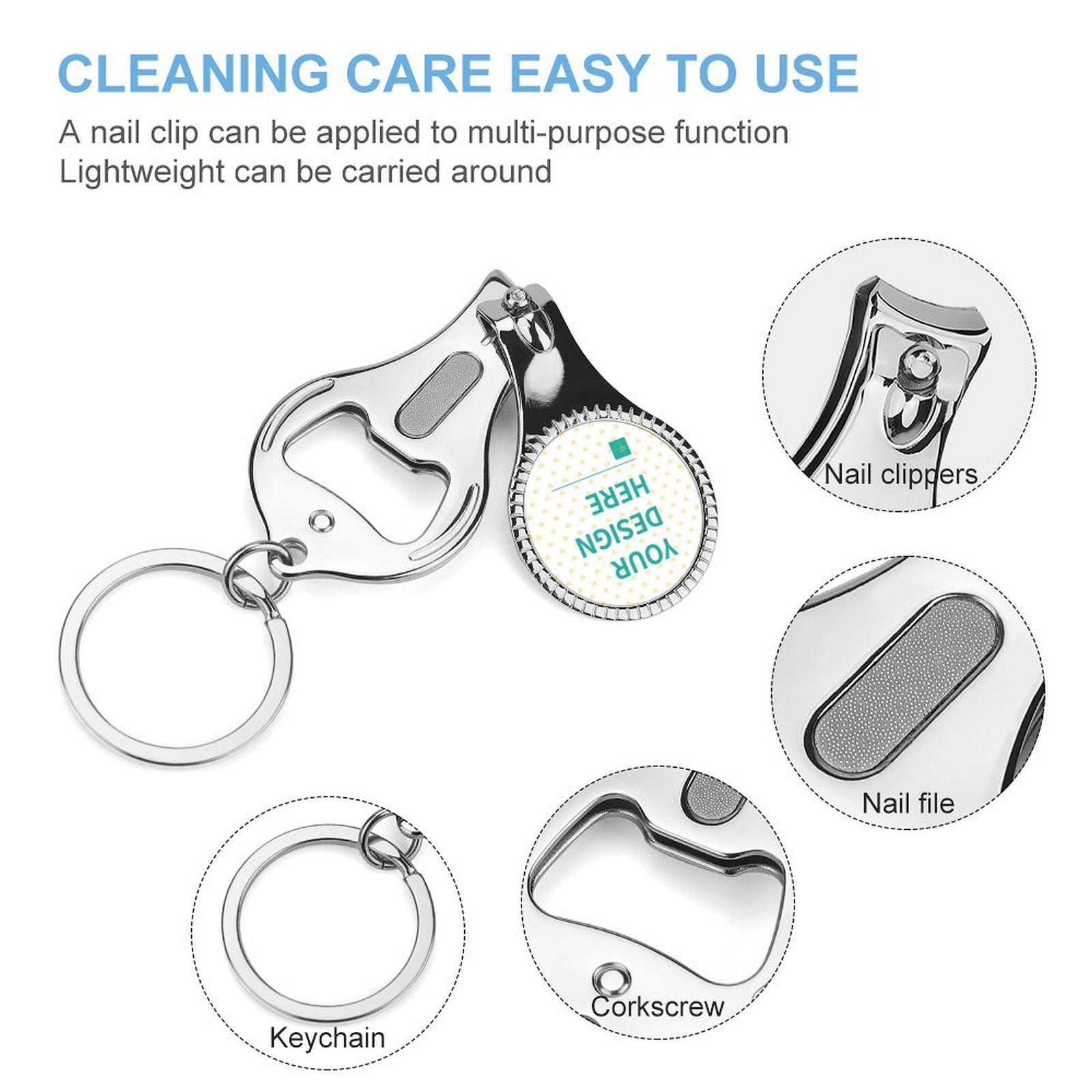 Custom nail clipper keychain with bottle opener, personalized 'Your Design Here', metal for gifting and everyday use