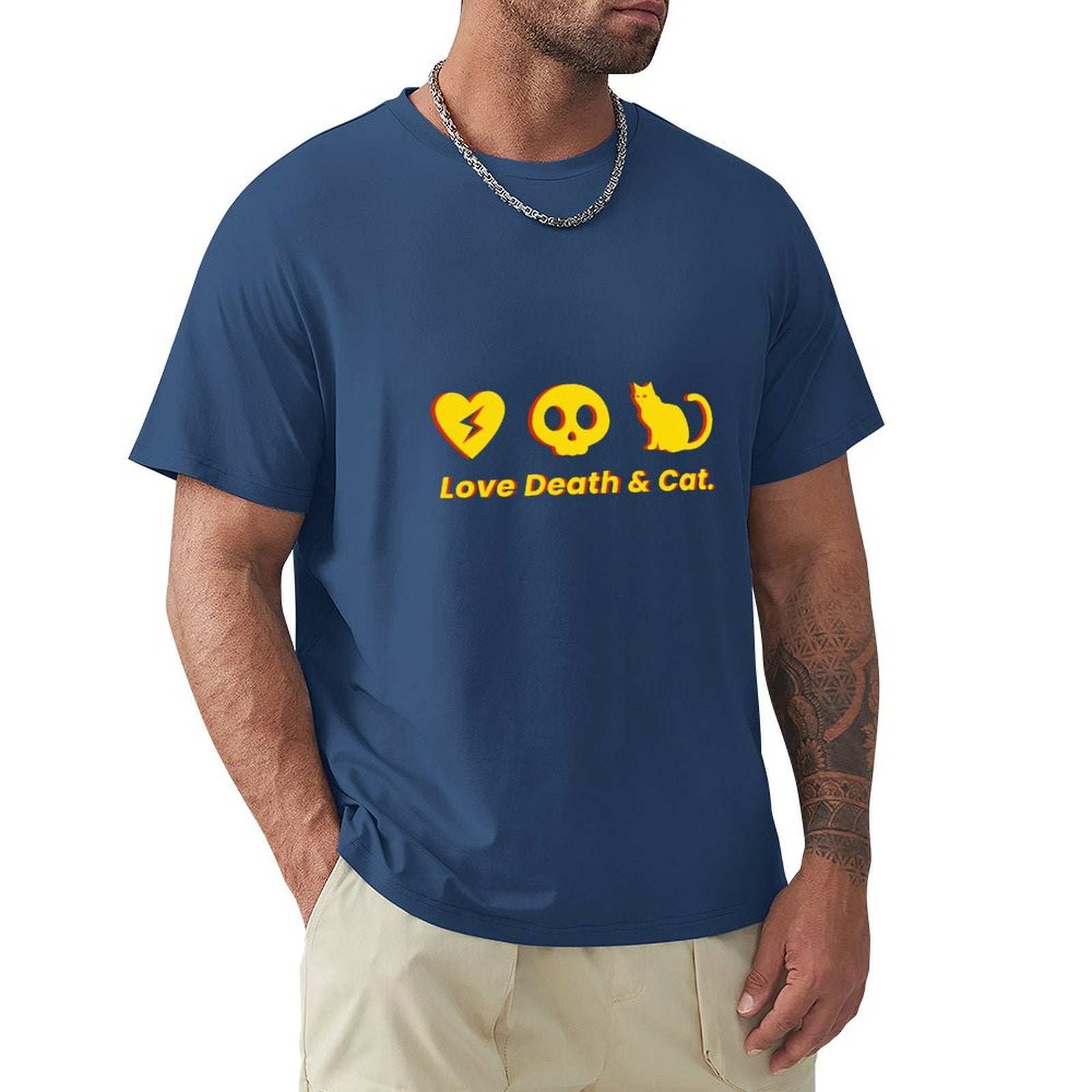 Men's navy cotton Love Death & Cat graphic tee, classic crew neck t-shirt for men, S-6XL sizes.