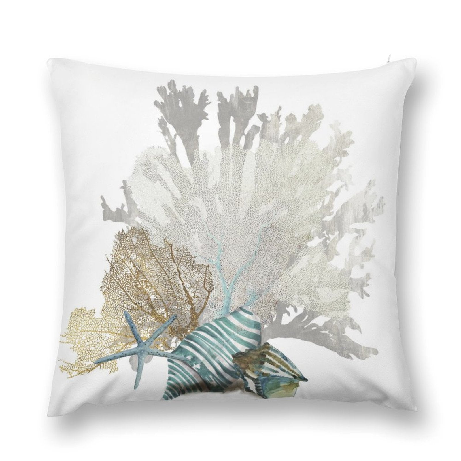 Soft fluffy throw pillow cover with coral, starfish, and conch shell watercolor art for sofa.