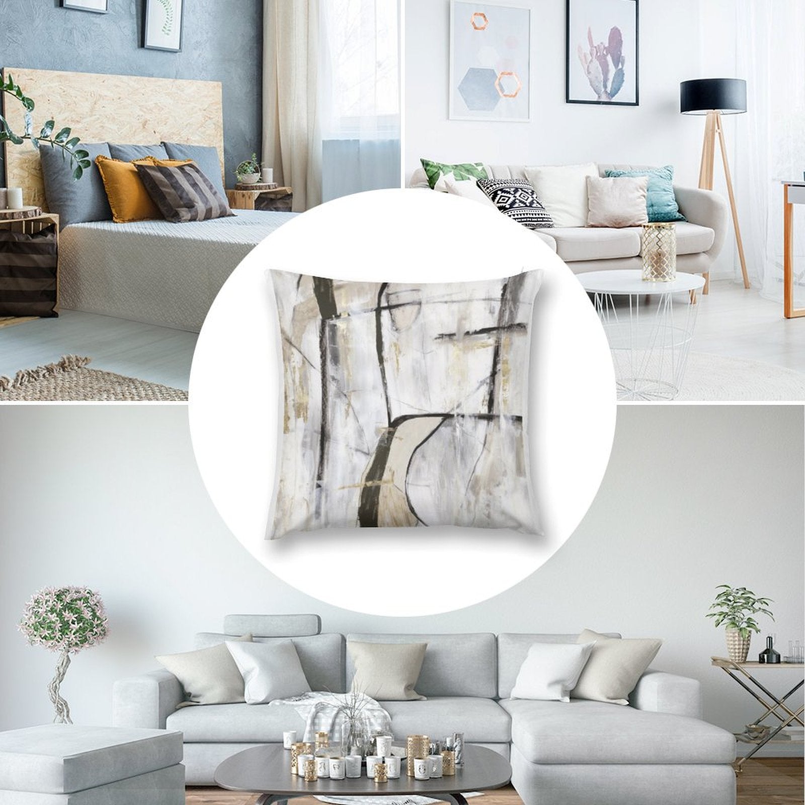 Abstract art throw pillow cover, short plush material, neutral tones for sofa and home decor.