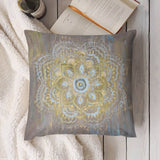 Soft plush throw pillow cover with gold and blue mandala design for sofa and living room, elegant decor.