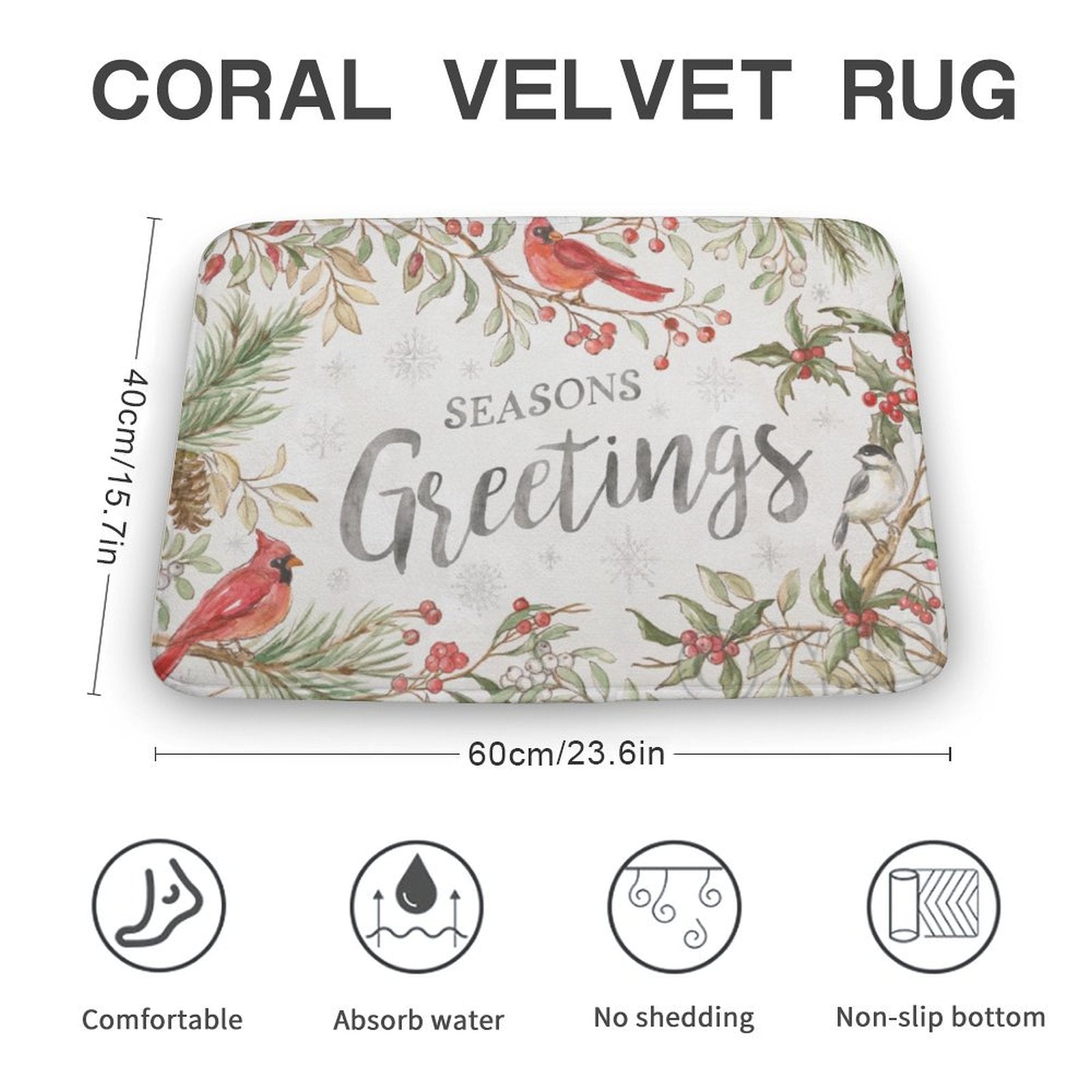 Coral velvet rug with Seasons Greetings design, non-slip, absorbent, and comfortable