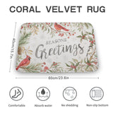 Coral velvet rug with Seasons Greetings design, non-slip, absorbent, and comfortable