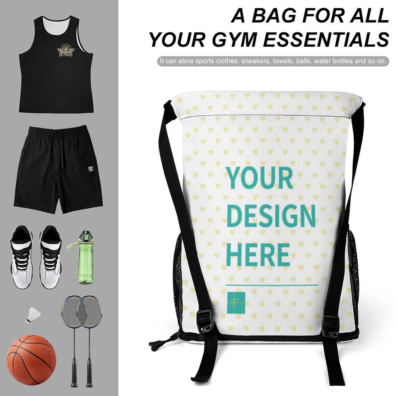 Customizable gym drawstring backpack with 'YOUR DESIGN HERE', ideal for sports, features dry/wet separation design