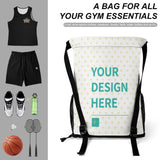Customizable gym drawstring backpack with 'YOUR DESIGN HERE', ideal for sports, features dry/wet separation design