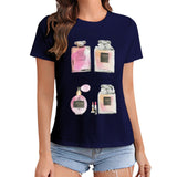 Women's dark blue Paris Perfume graphic t-shirt, short sleeve crewneck apparel