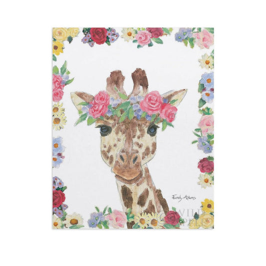 Giraffe canvas print with floral crown and border, perfect for wall art; a beautiful canvas print by Emily Adams.