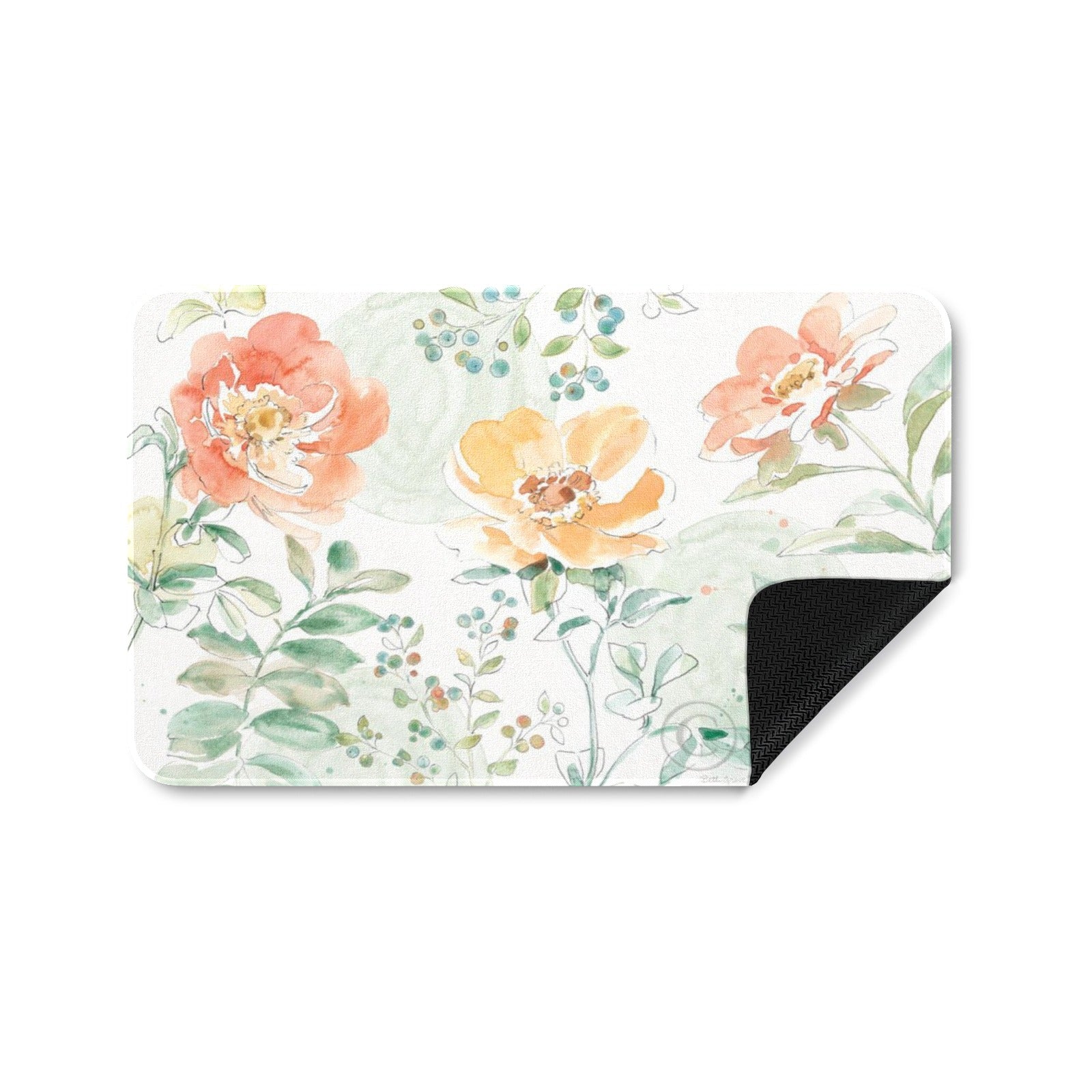 Soft entrance doormat with watercolor floral design, durable rubber mat for indoor or outdoor use.