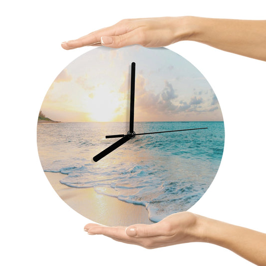 Modern Beach Scene MDF Wall Clock, blue ocean sunset, quartz movement, for living room decor