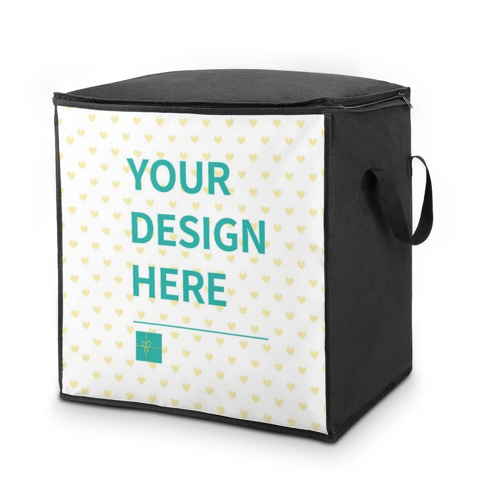Customizable clothes storage bag with heart pattern and "YOUR DESIGN HERE" text.