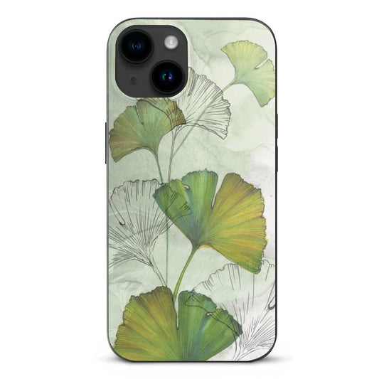 iPhone 15 case with ginkgo leaf design, anti-slip, shockproof protection, green and yellow