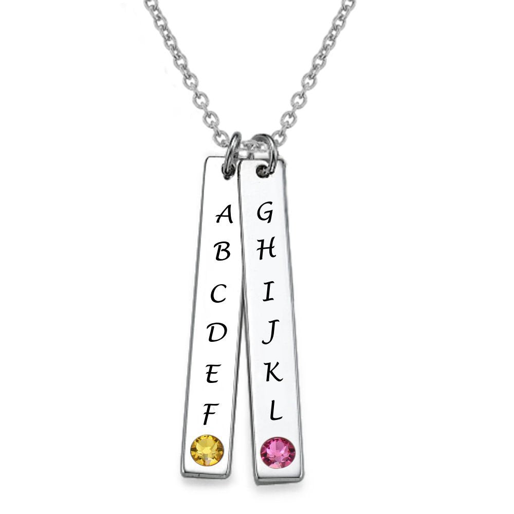 Custom Vertical Double Bar Necklace featuring engraved initials and gemstones, personalized gift