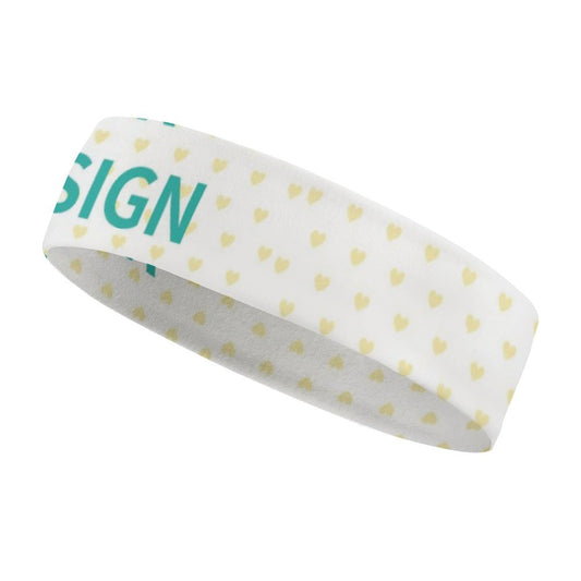Custom unisex sweatband for sports, white with yellow hearts and "SIGN" in teal