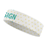 Custom unisex sweatband for sports, white with yellow hearts and "SIGN" in teal