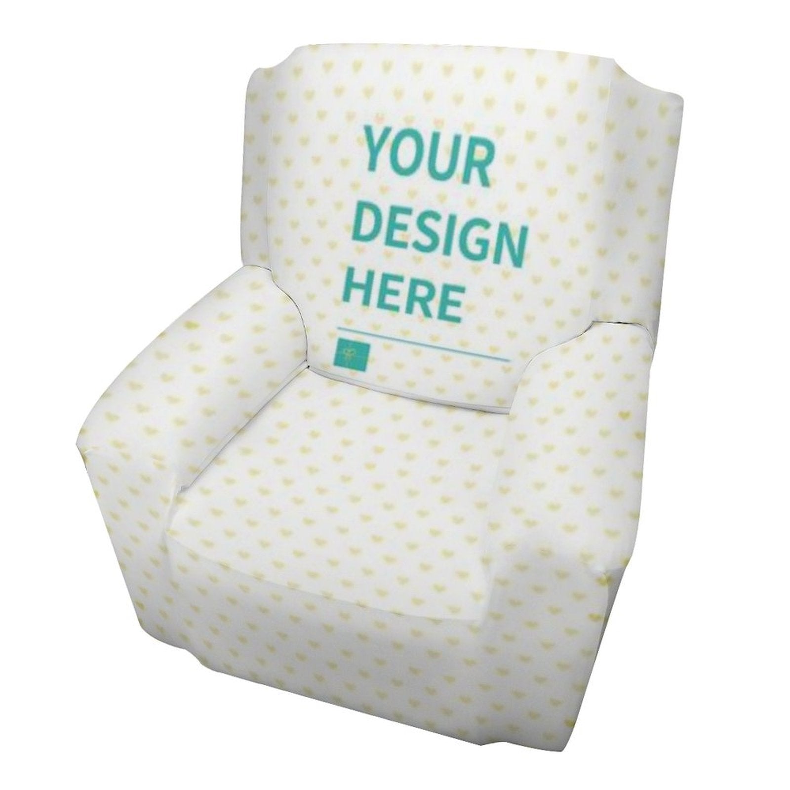 Customizable sofa couch cover featuring the text 'YOUR DESIGN HERE'. Made of polyester with a heart pattern.