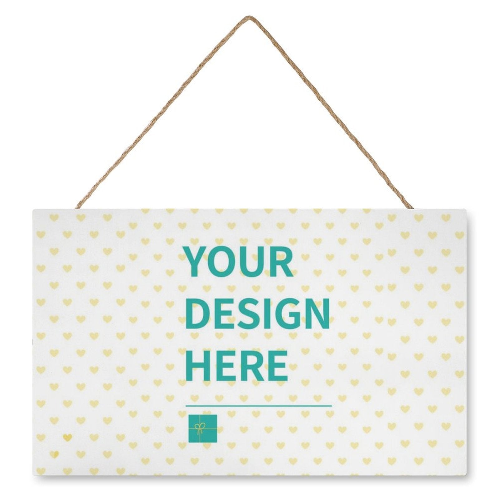 Customizable wooden sign with 'YOUR DESIGN HERE' text, hemp rope for home decor. Perfect for a personalized gift