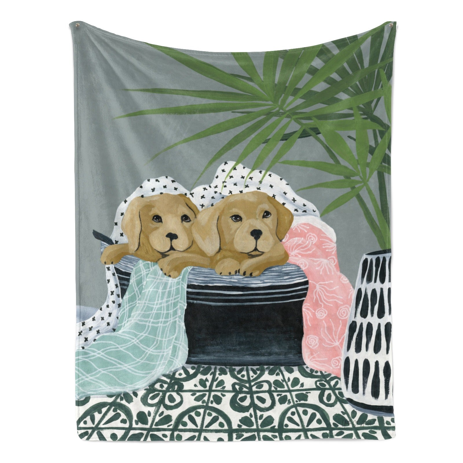 Laundry Dogs Flannel Blanket, cozy puppies art, USA made sofa blanket