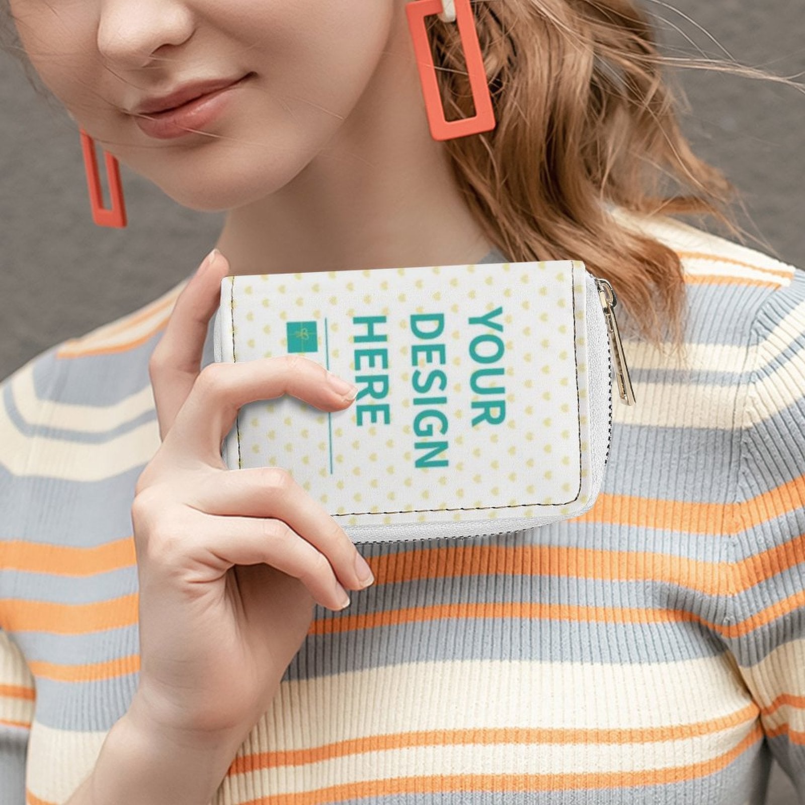 Personalized white PU leather card case with 'YOUR DESIGN HERE' design, minimalist wallet