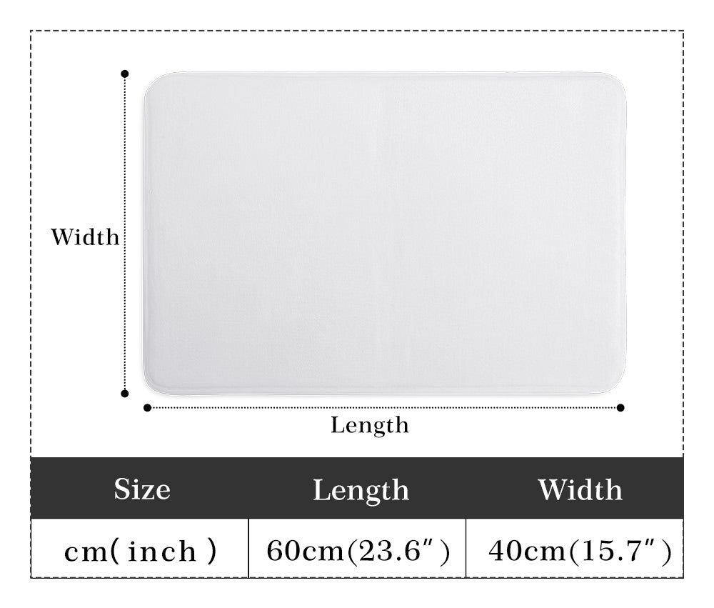 White plush doormat with size details for bathroom or bedroom, perfect home gift, non-slip and washable