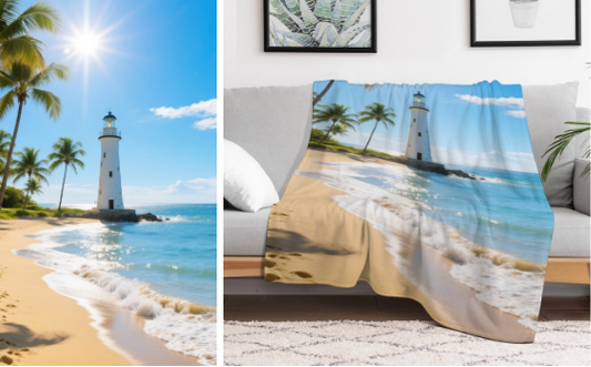 A coastal lighthouse scene with palm trees and sandy beach, shown both as wall art and printed on a decorative throw blanket draped over a sofa.
