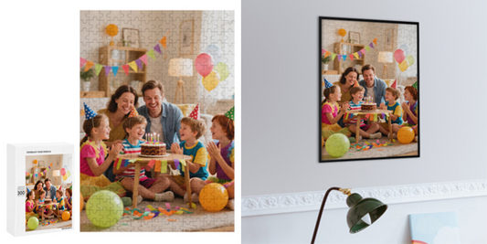 Custom Gift photo puzzle capturing birthday celebration with balloons and cake, perfect personalized memory keepsake.