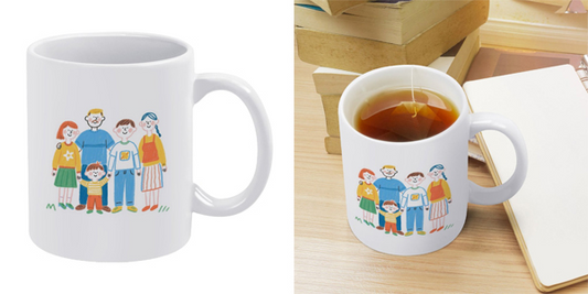 A custom white ceramic mug with a colorful illustration of a family, perfect for a personalized gift.