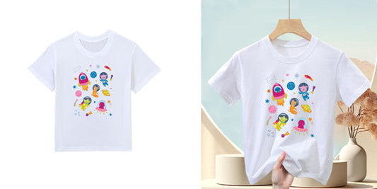 Custom kids t-shirt with colorful fun icons perfect for summer camp identification.