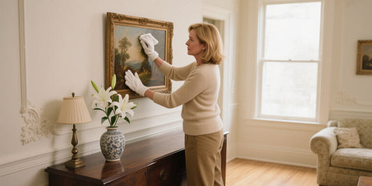 Woman wearing white gloves carefully cleaning framed landscape painting with microfiber cloth in elegant home interior.
