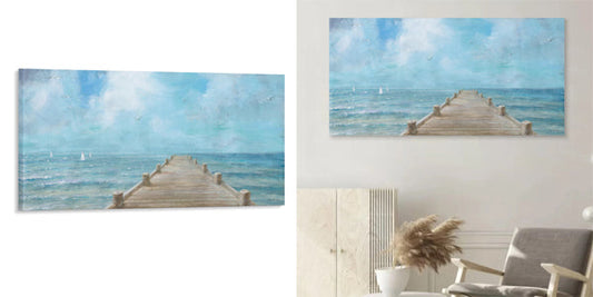 Custom wall art of a long ocean pier extending to the horizon creates visual depth, making a room feel more spacious and open.