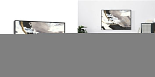 Abstract canvas art with black, white, and gold strokes, shown as a product and hanging above a grey sofa in a modern living room.