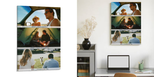 Custom photo collage canvas detailing a couple's personalized relationship timeline with unique handwritten captions.