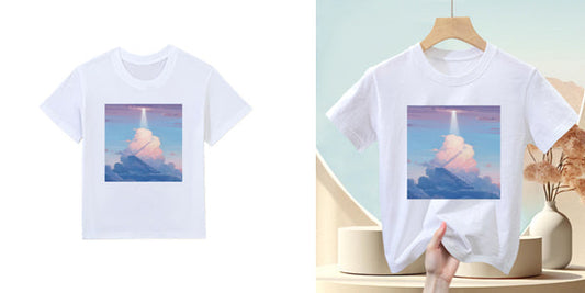 Aesthetic white t-shirt with a dreamy, anime-style graphic of a large cloud formation and a single beam of light.
