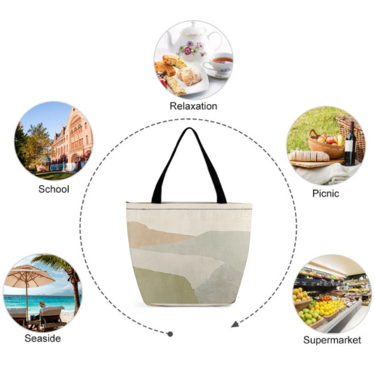 A versatile custom tote bag with an abstract design, suitable for various activities like school, shopping, picnics, and beach trips.