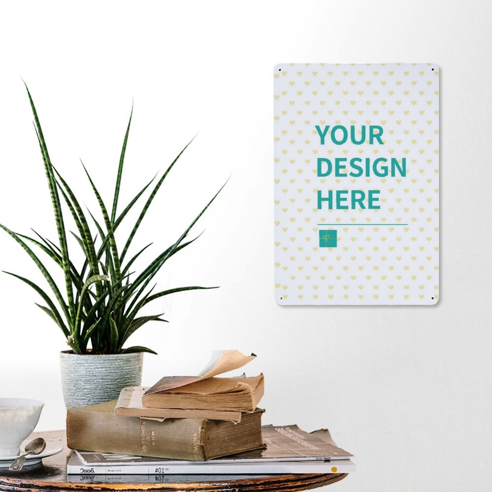 Custom aluminum sign with 'YOUR DESIGN HERE' text, perfect for personalized gifts. Durable for indoor/outdoor use.