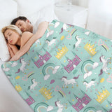 Rainbow Dream Fleece Blanket with unicorns and castles. Soft, cozy, and warm for bed.