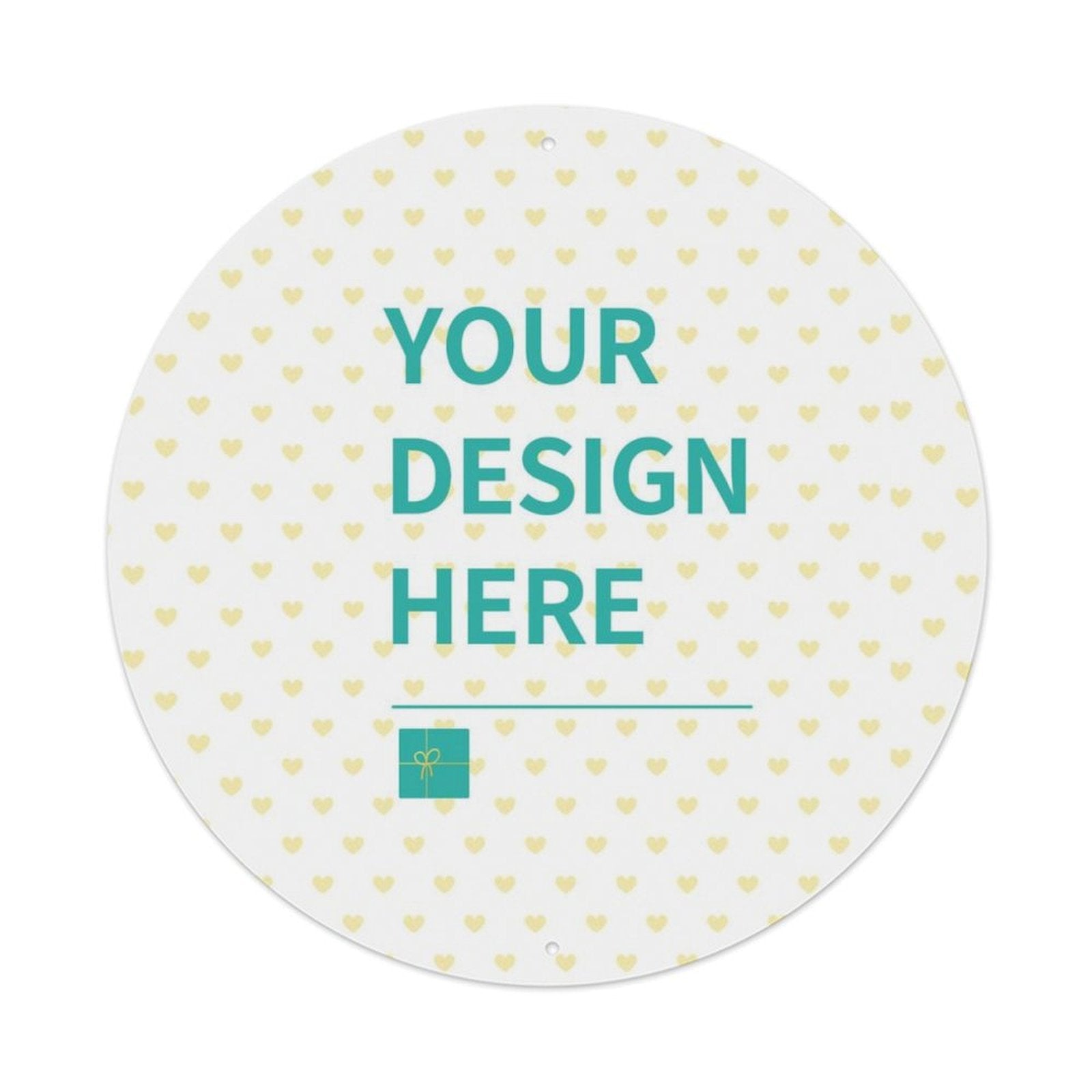 Customizable aluminum plaque with 'Your Design Here' text, heart pattern, and gift icon, perfect for personalized gifts.