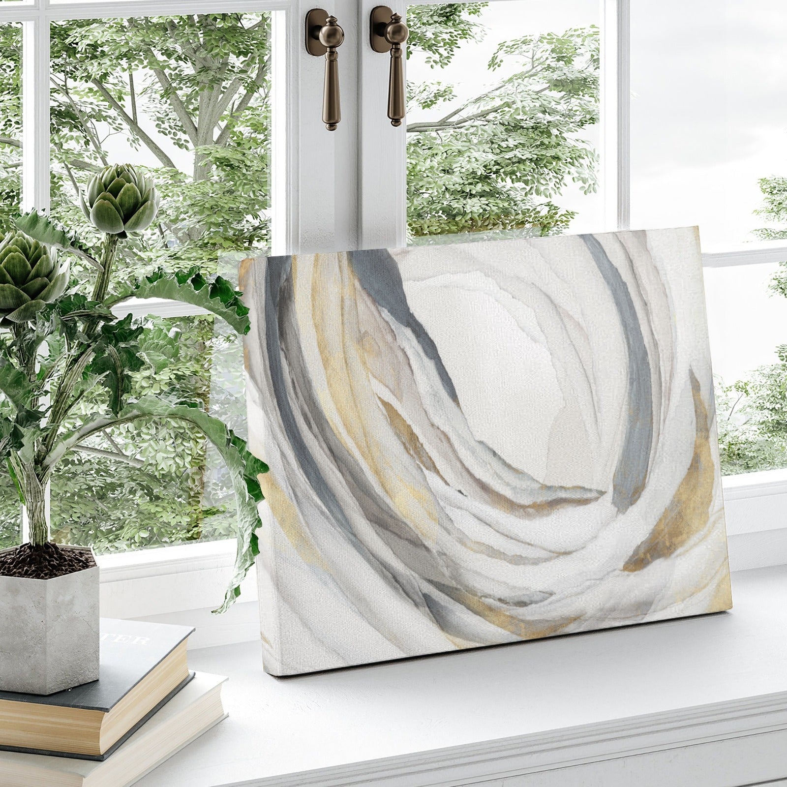 Abstract watercolor canvas print PI706-A, neutral tones of gray, gold, and white. Made in USA, Art from MyArtsyGift.
