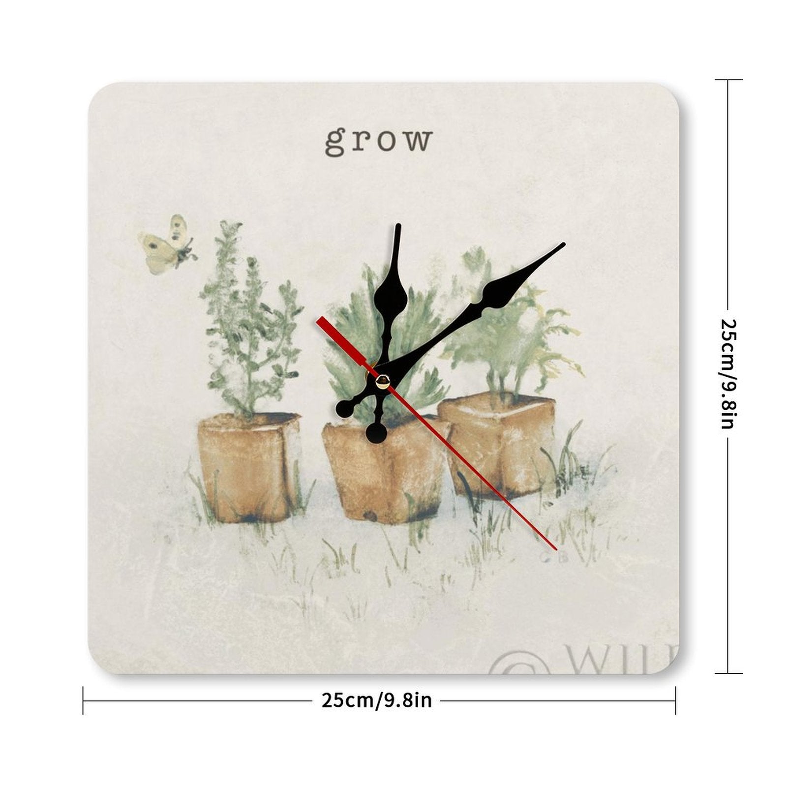 Square wall clock with watercolor plants and 'grow' text; ideal for home or kitchen decor.