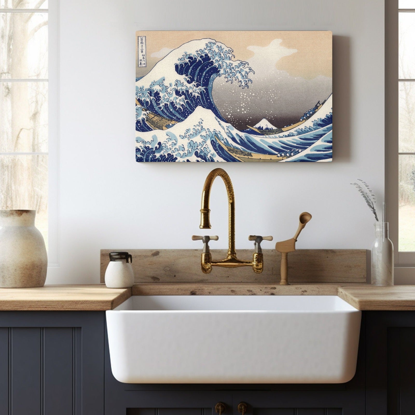 Hokusai Great Wave canvas print, Japanese art, blue waves, Mount Fuji, kitchen decor