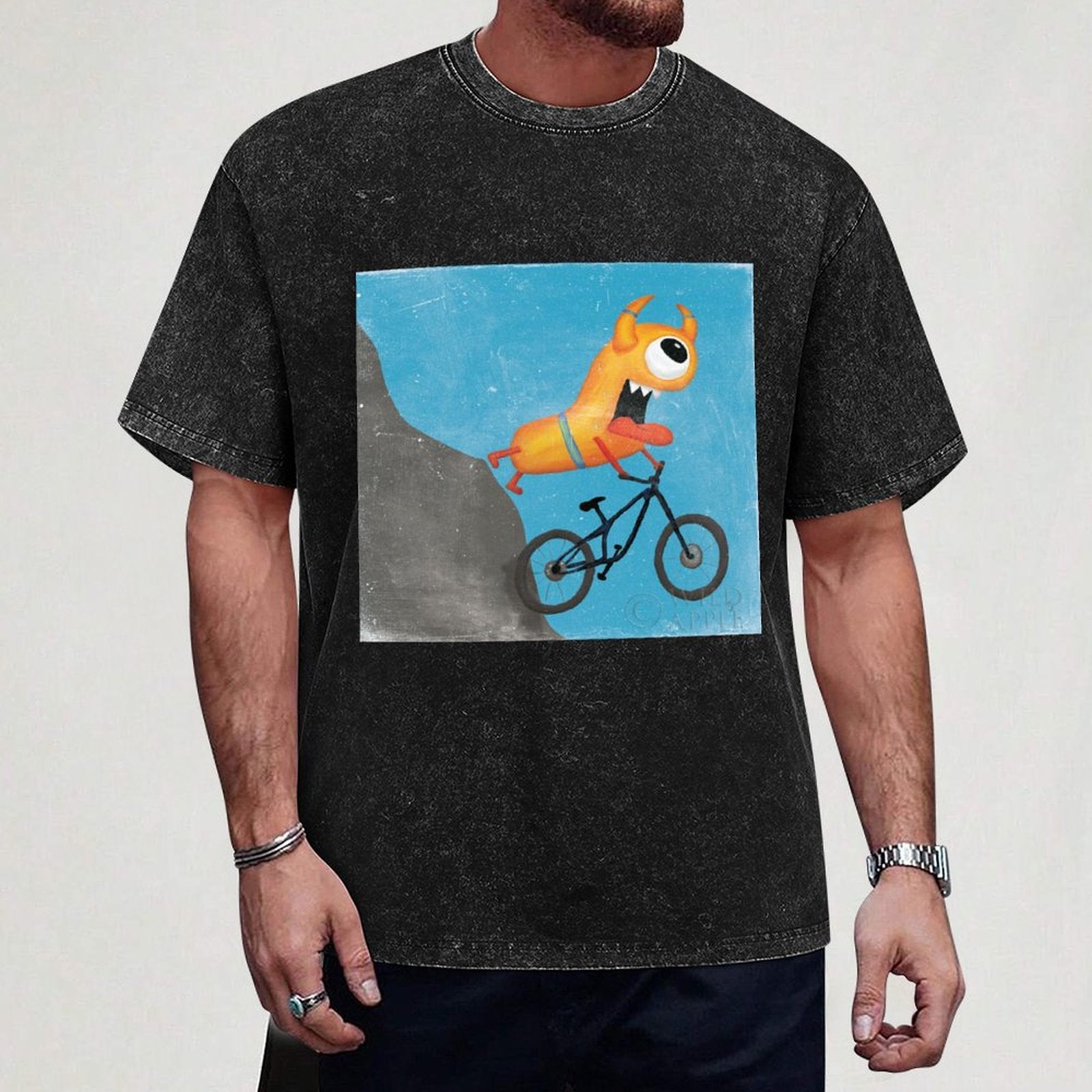 MyArtsyGift Black Cotton T-Shirt for Men featuring Monster Bicycle design, short sleeve, graphic tee
