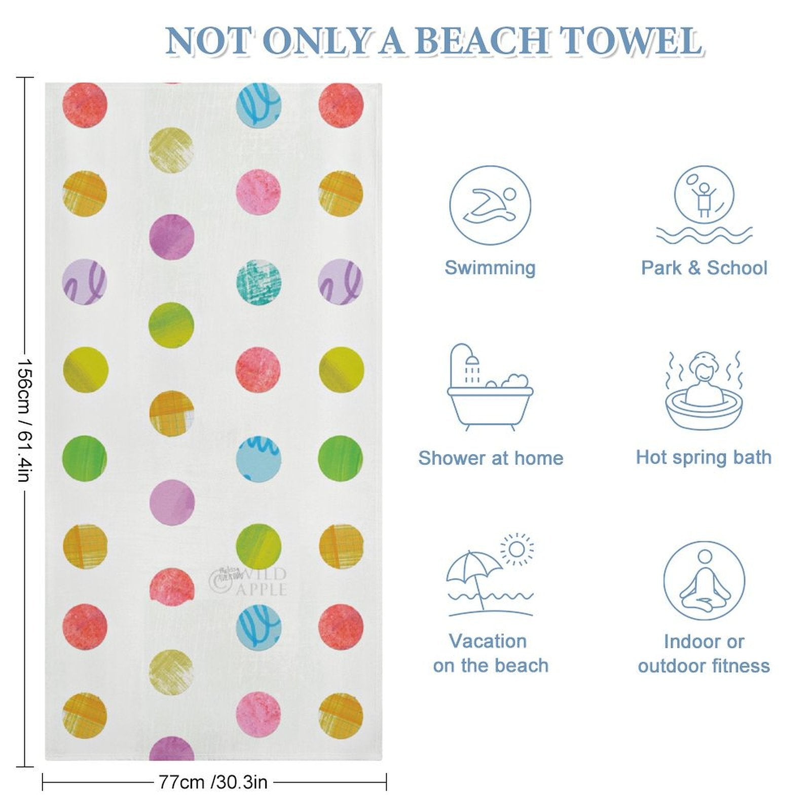 Personalized microfiber beach towel with colorful polka dots, versatile for beach and various activities.