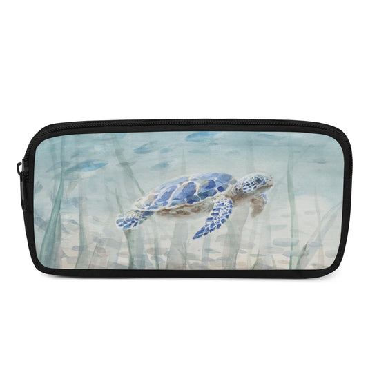 Watercolor sea turtle design pencil pouch, black zipper, for school or office use, aesthetic pen bag