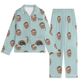 Custom pajamas set with faces and text "Bill", long sleeve and pants in light blue, personalized sleepwear