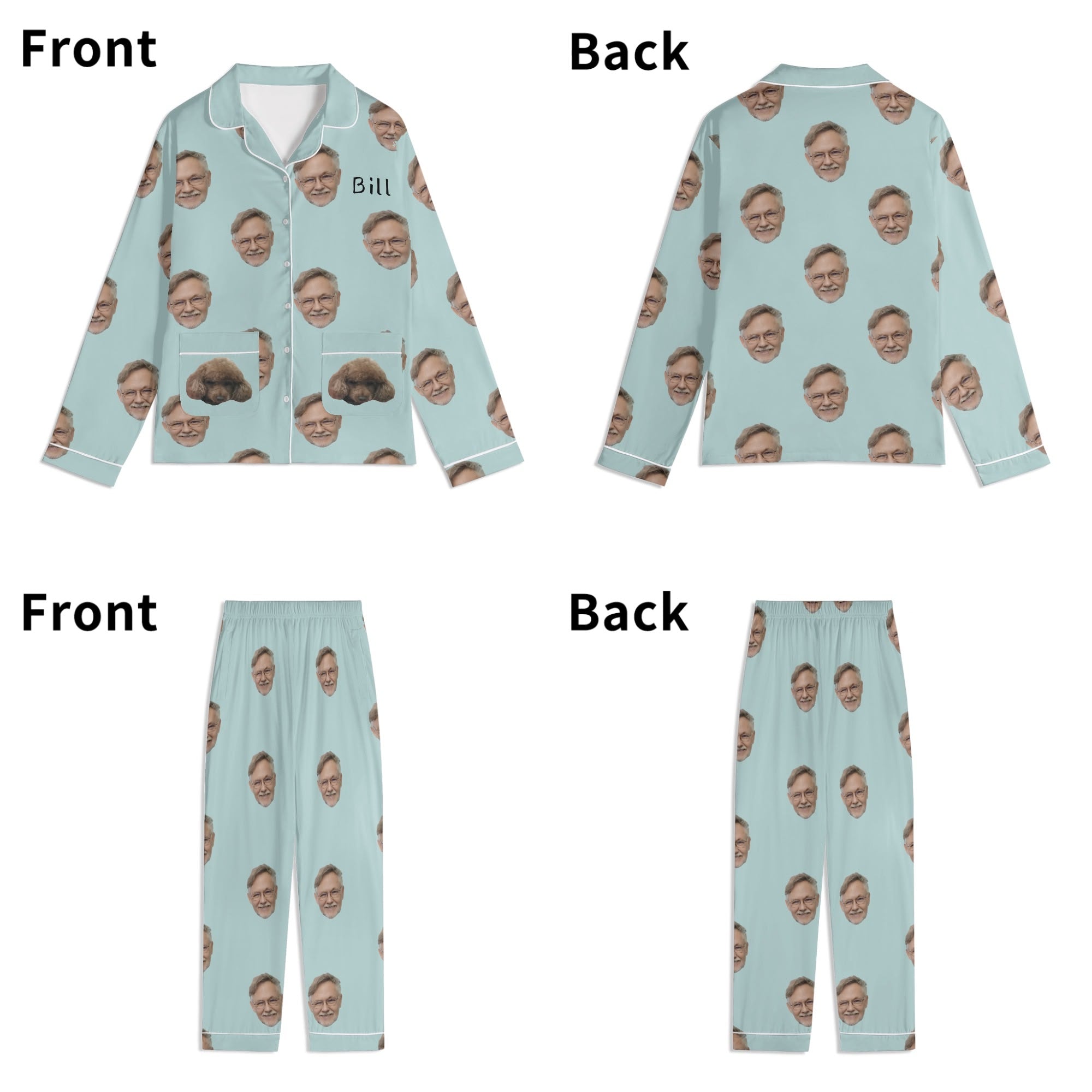 Personalized unisex pajama set in light blue with repeating faces pattern and the name Bill, custom sleepwear gift