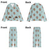 Personalized unisex pajama set in light blue with repeating faces pattern and the name Bill, custom sleepwear gift