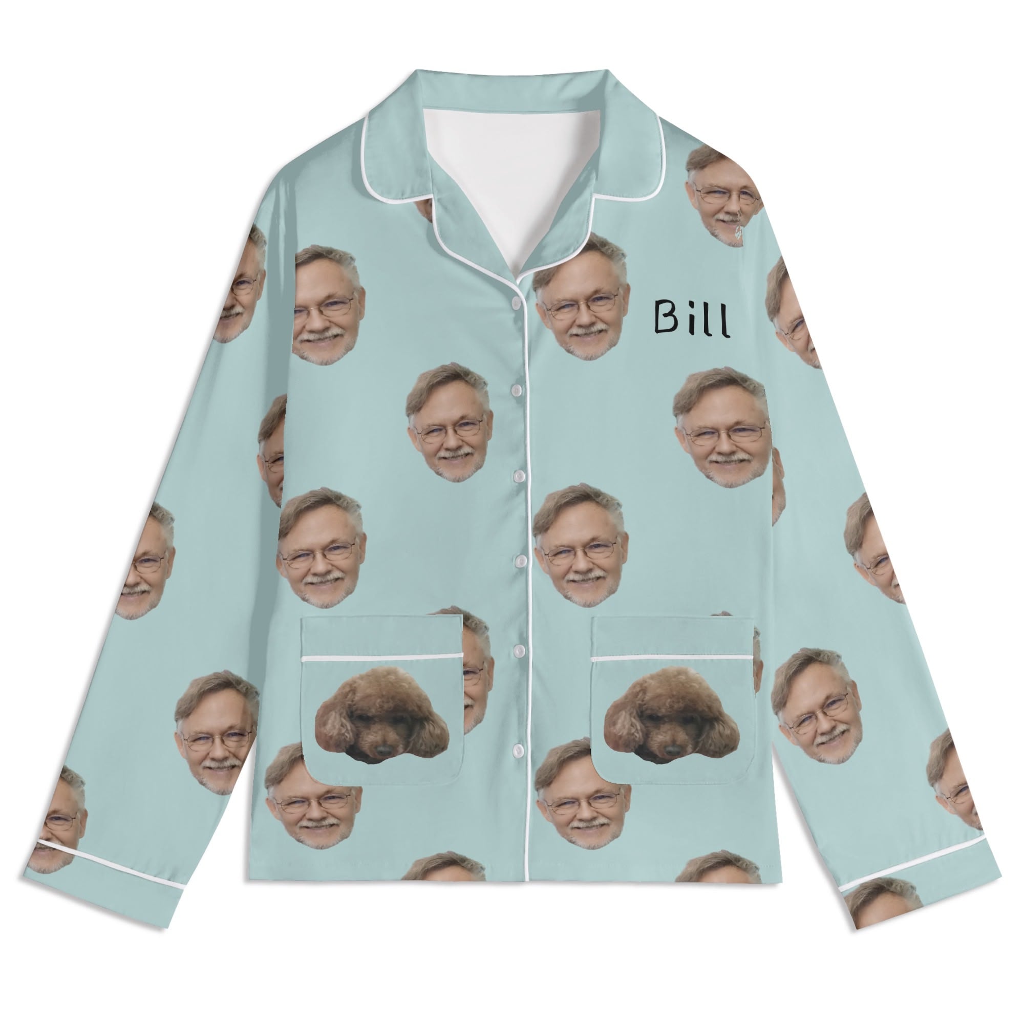 Personalized light blue pajama top featuring faces and name Bill, soft cotton sleepwear