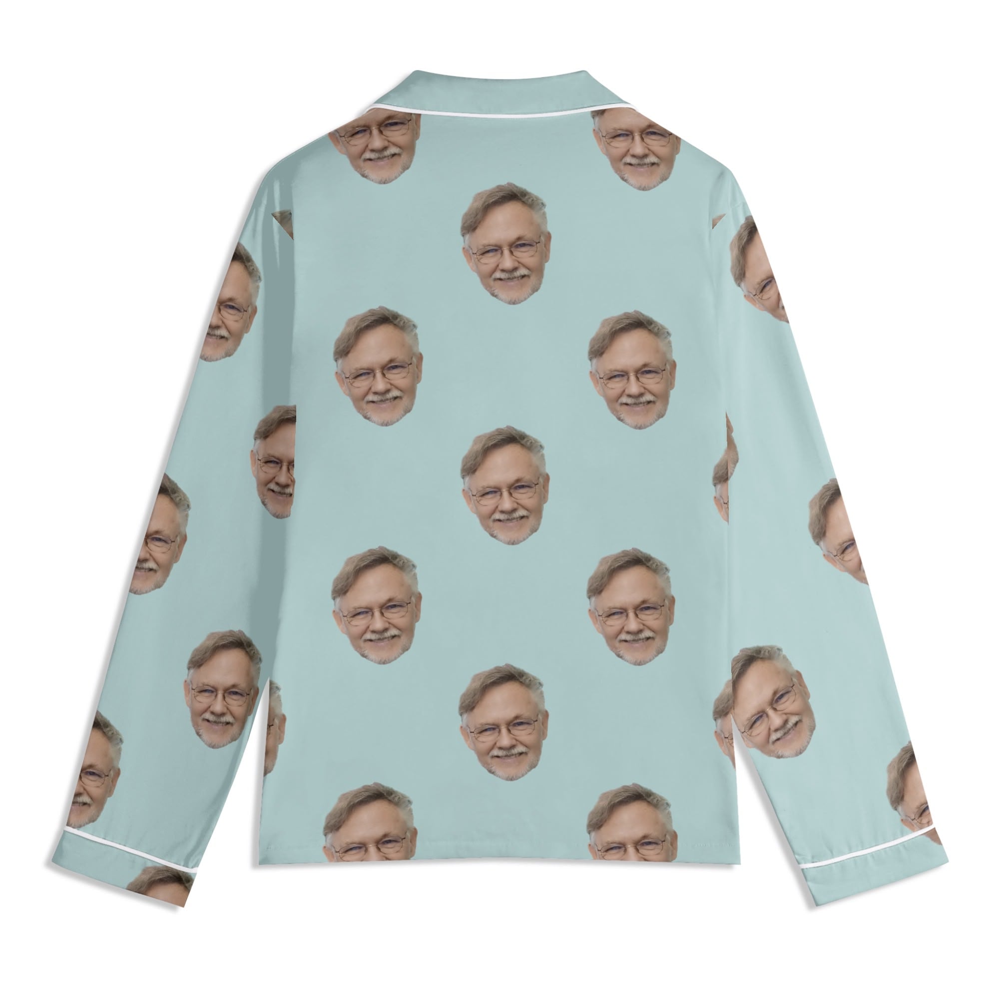 Custom light blue pajama top with repeated face pattern, personalized sleepwear for a unique gift idea