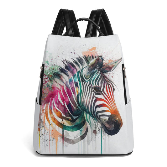Women's PU leather travel backpack with colorful zebra print and anti-theft design