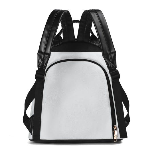White PU leather women's anti-theft backpack with black straps and gold zipper details